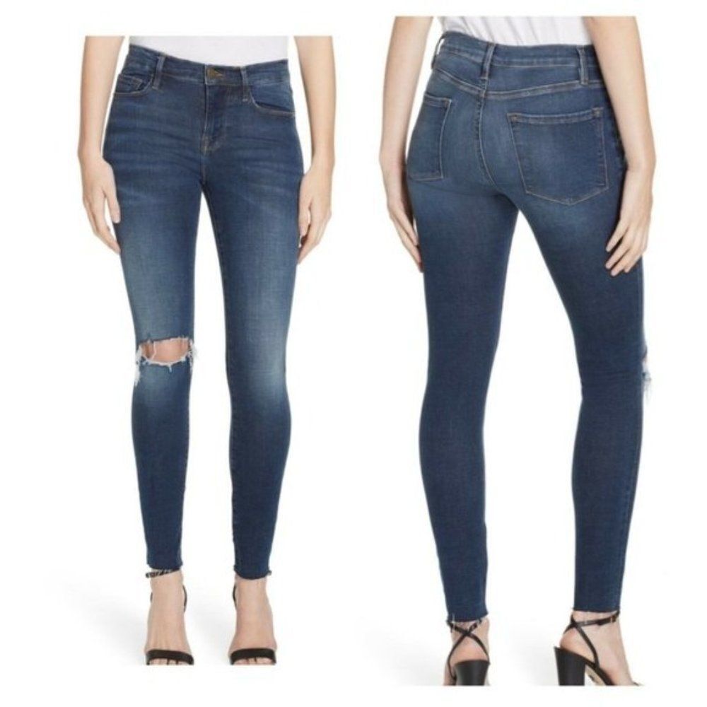 Frame Denim Jolie Le Skinny De Jeanne Jean Raw Hem Distressed Stretchy Womens 25